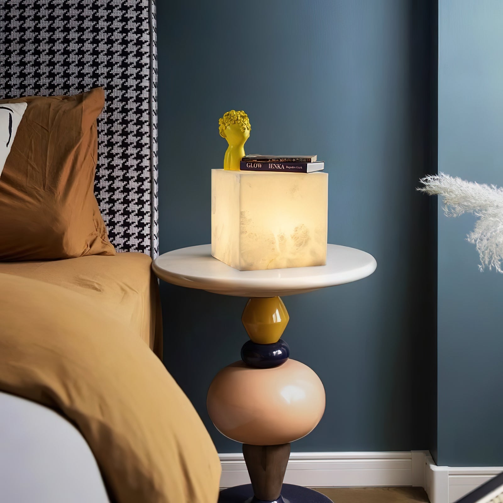 Alabaster Cubic Table Lamp Spanish Natural Stone Integrated LED Warm Light Bedside Living Room — 3 Sizes