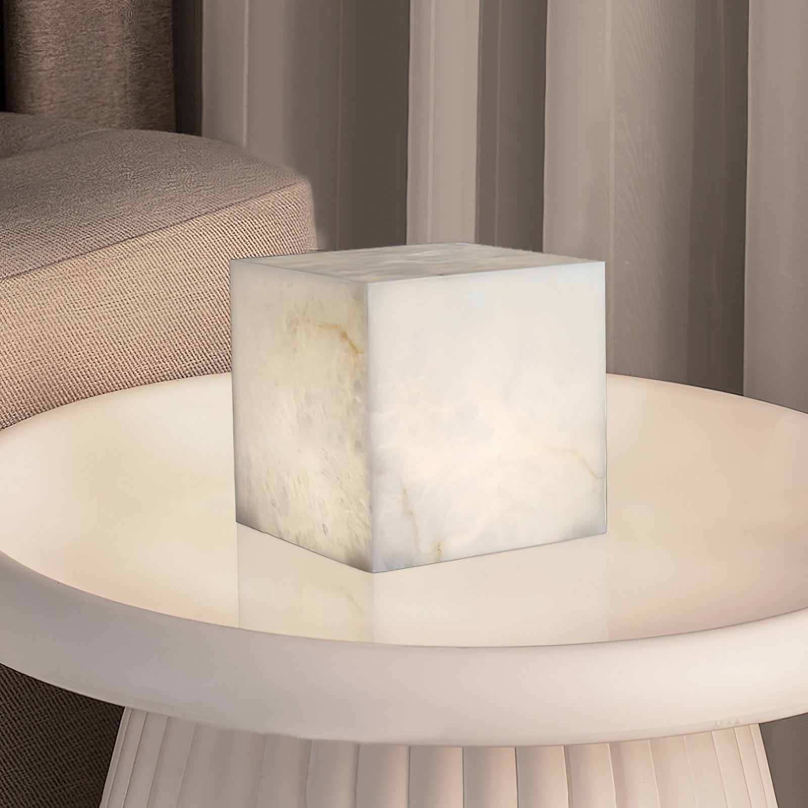 Alabaster Cubic Table Lamp Spanish Natural Stone Integrated LED Warm Light Bedside Living Room — 3 Sizes
