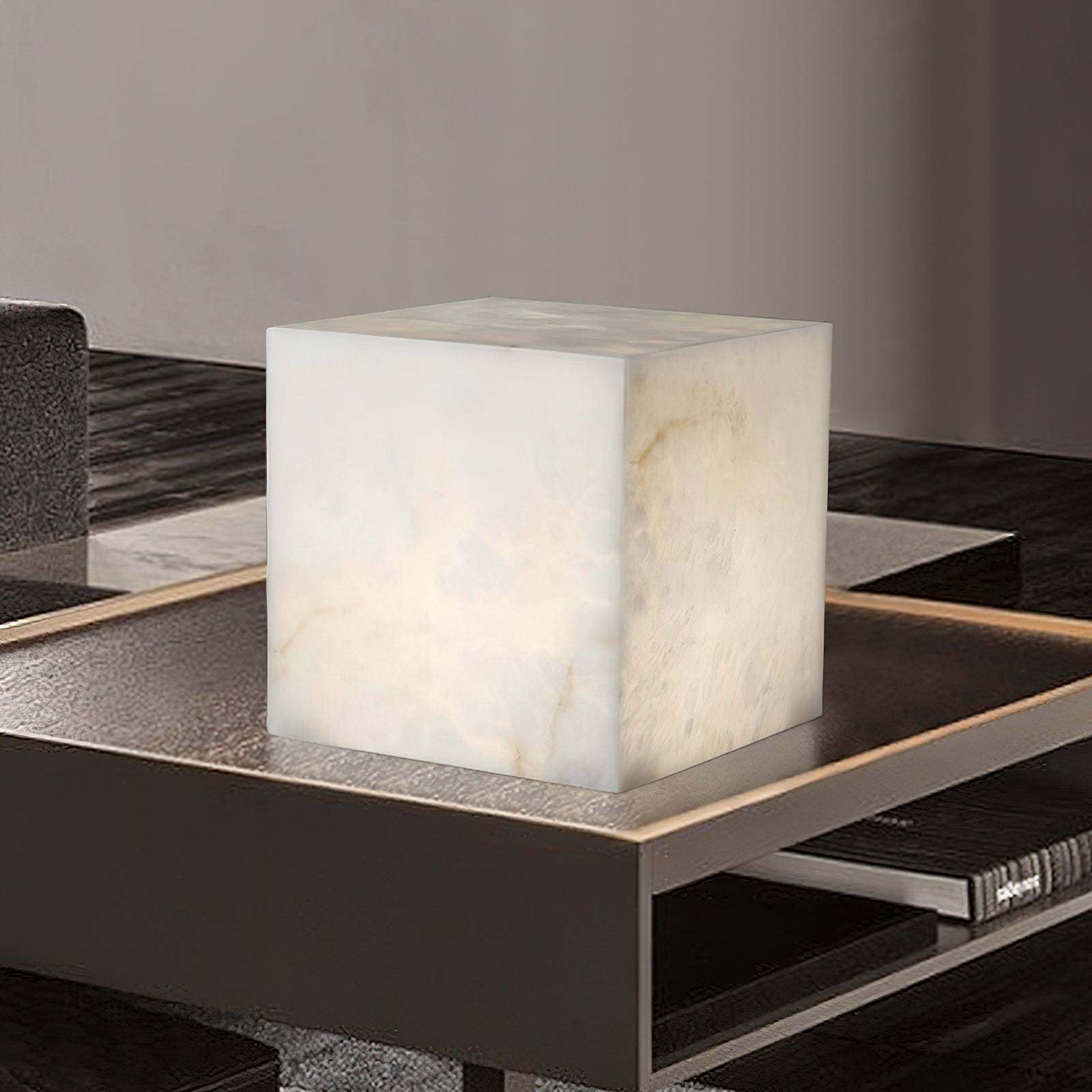Alabaster Cubic Table Lamp Spanish Natural Stone Integrated LED Warm Light Bedside Living Room — 3 Sizes