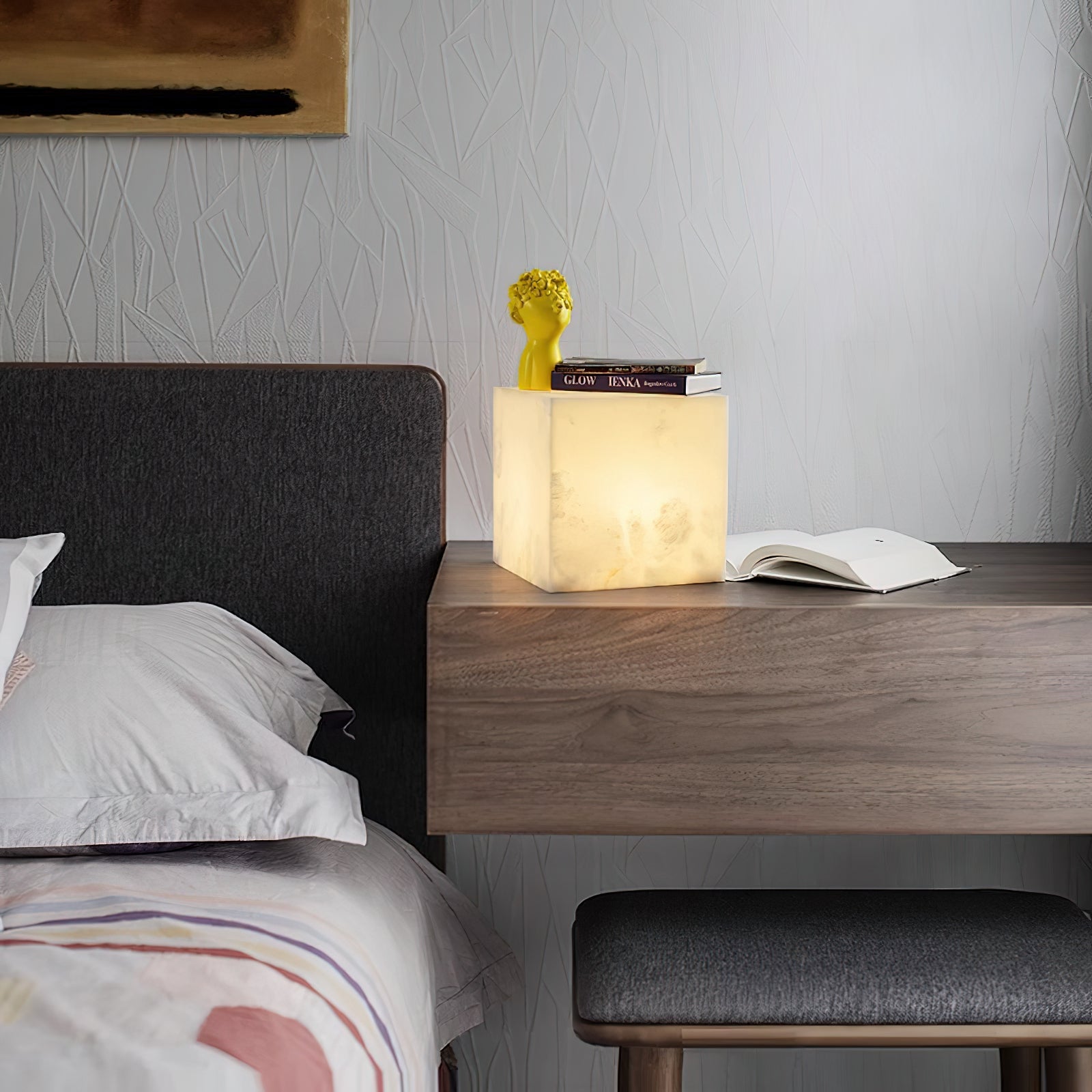 Alabaster Cubic Table Lamp Spanish Natural Stone Integrated LED Warm Light Bedside Living Room — 3 Sizes