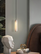 Alabaster Flute Pendant Light Brass Natural Stone E12 Dining Room Bedroom Hallway — 2.8 x 15 Inch
