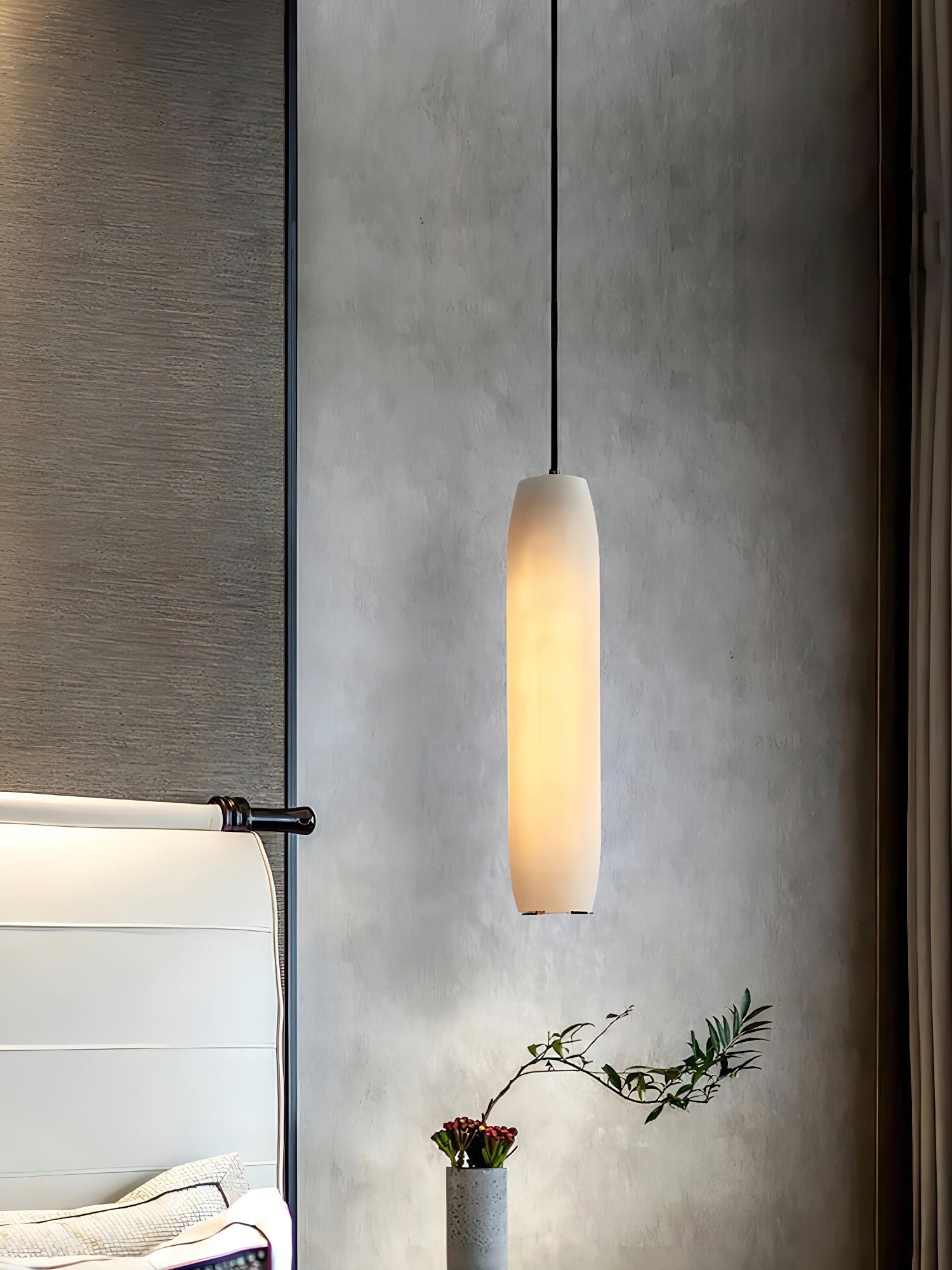 Alabaster Flute Pendant Light Brass Natural Stone E12 Dining Room Bedroom Hallway — 2.8 x 15 Inch