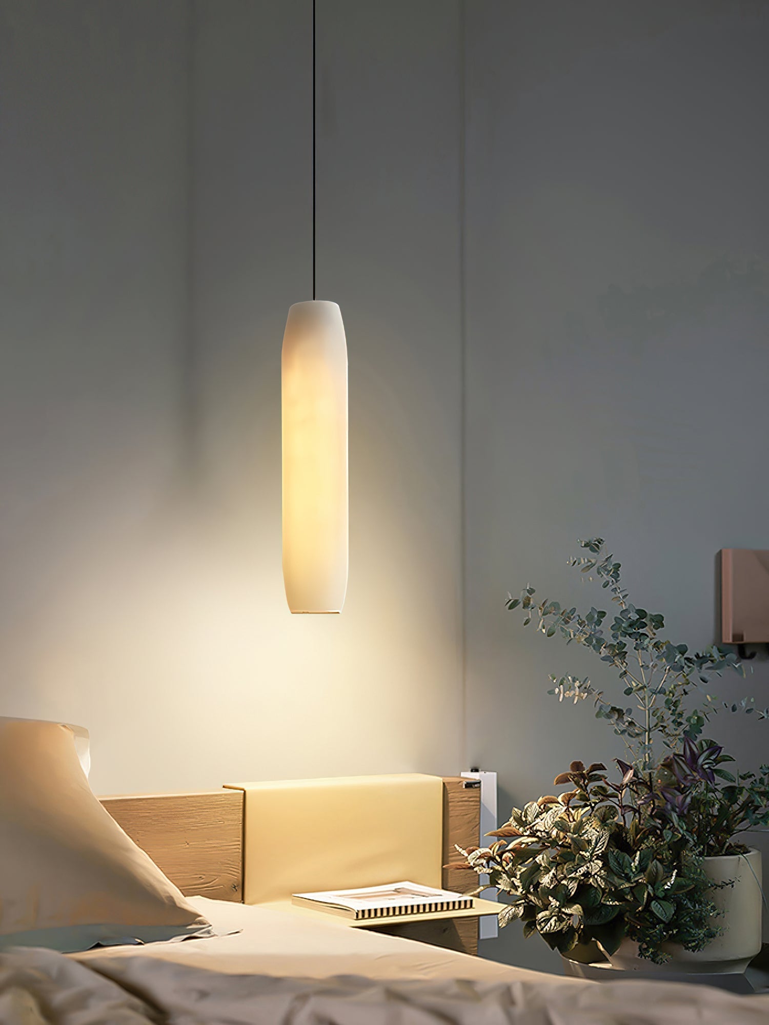 Alabaster Flute Pendant Light Brass Natural Stone E12 Dining Room Bedroom Hallway — 2.8 x 15 Inch