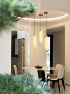 Alabaster Flute Pendant Light Brass Natural Stone E12 Dining Room Bedroom Hallway — 2.8 x 15 Inch
