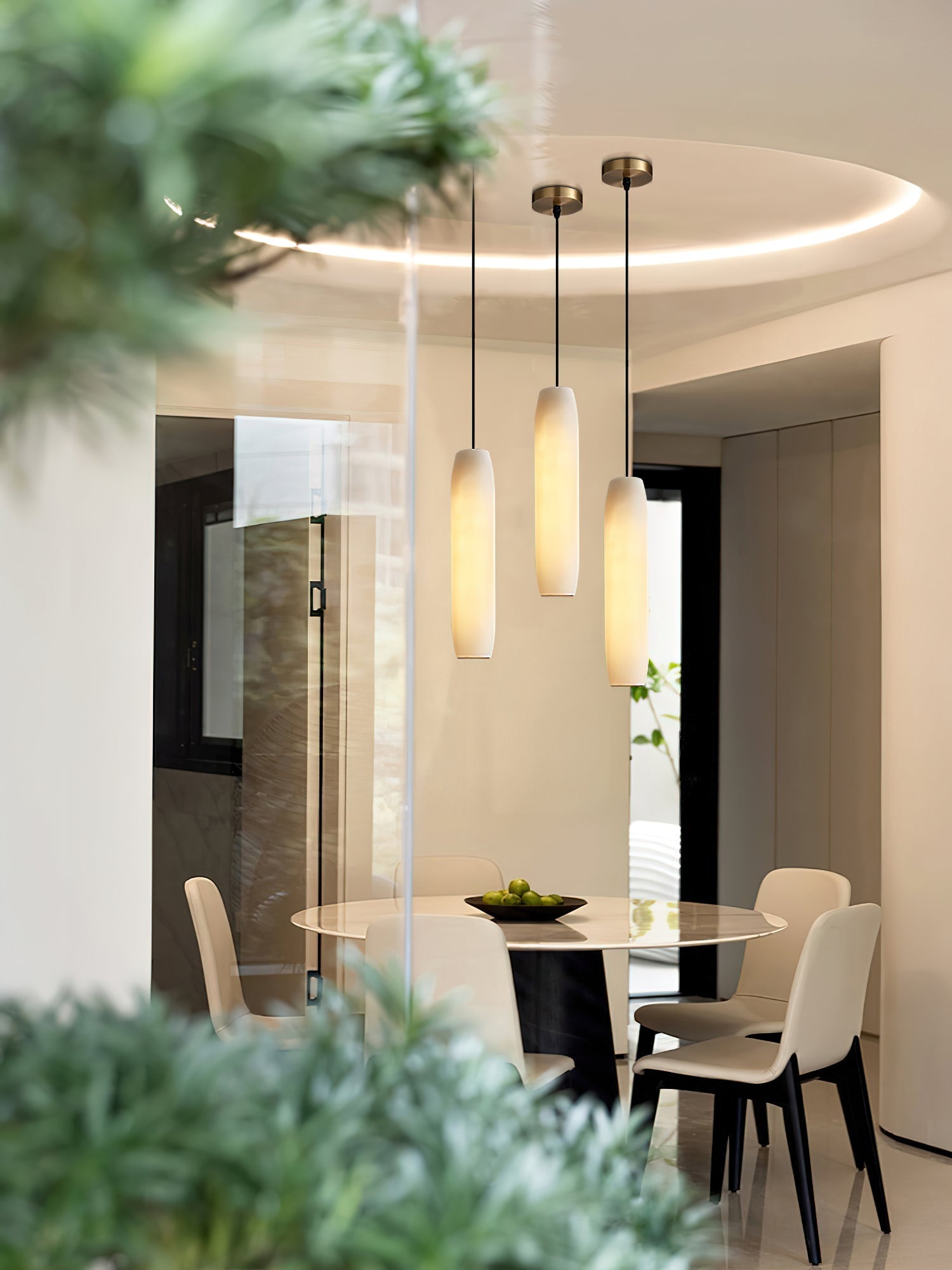 Alabaster Flute Pendant Light Brass Natural Stone E12 Dining Room Bedroom Hallway — 2.8 x 15 Inch