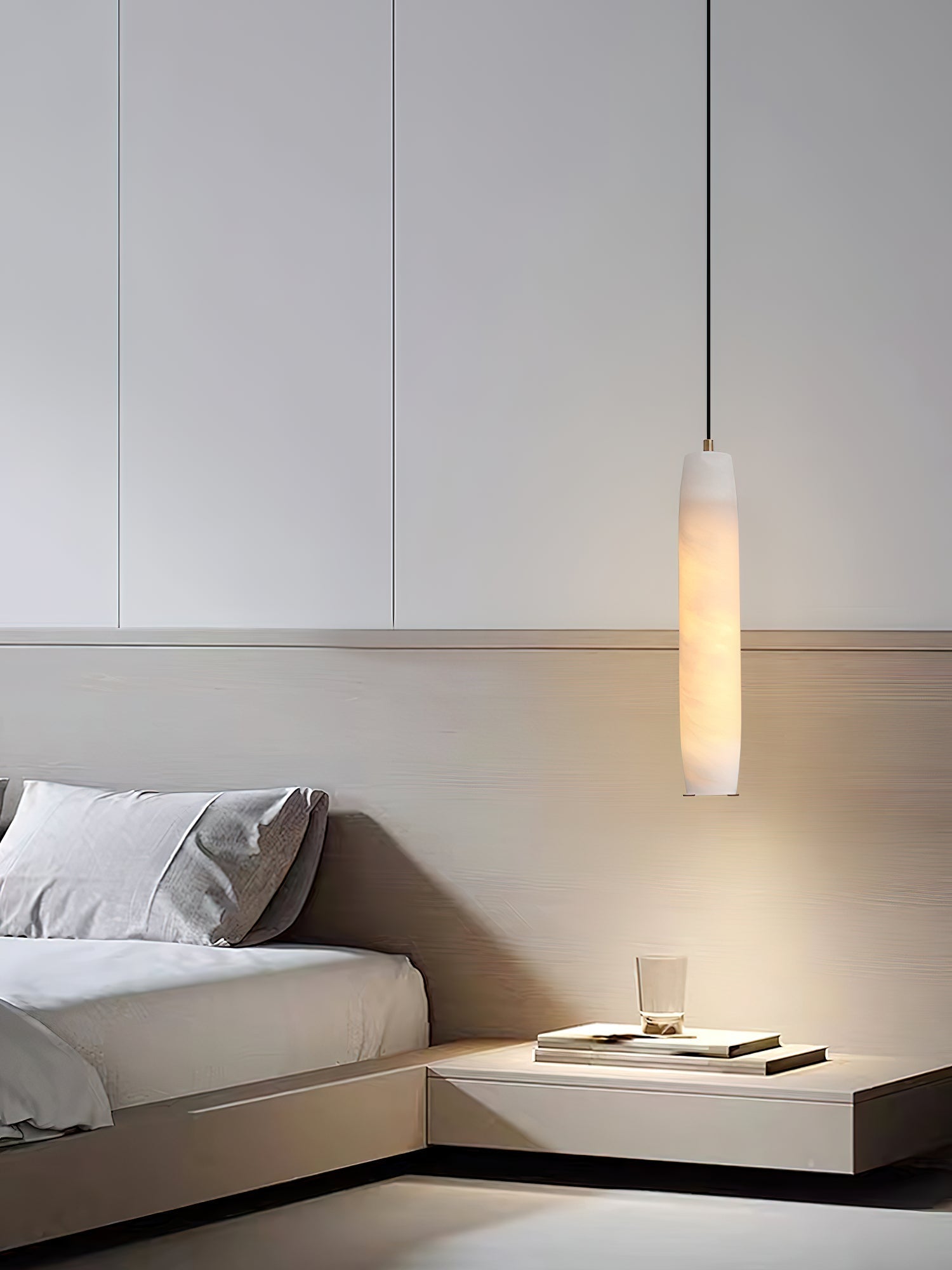 Alabaster Flute Pendant Light Brass Natural Stone E12 Dining Room Bedroom Hallway — 2.8 x 15 Inch