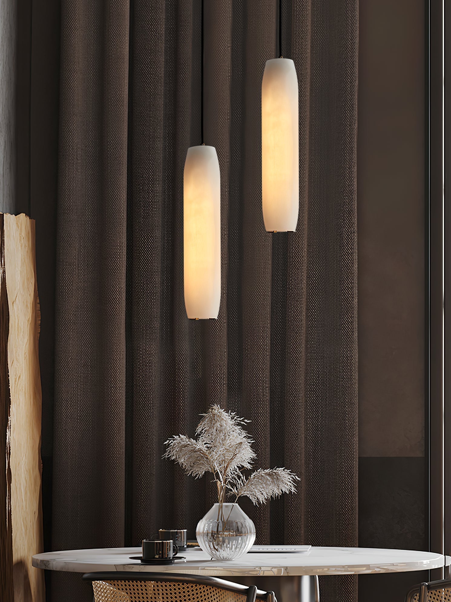 Alabaster Flute Pendant Light Brass Natural Stone E12 Dining Room Bedroom Hallway — 2.8 x 15 Inch