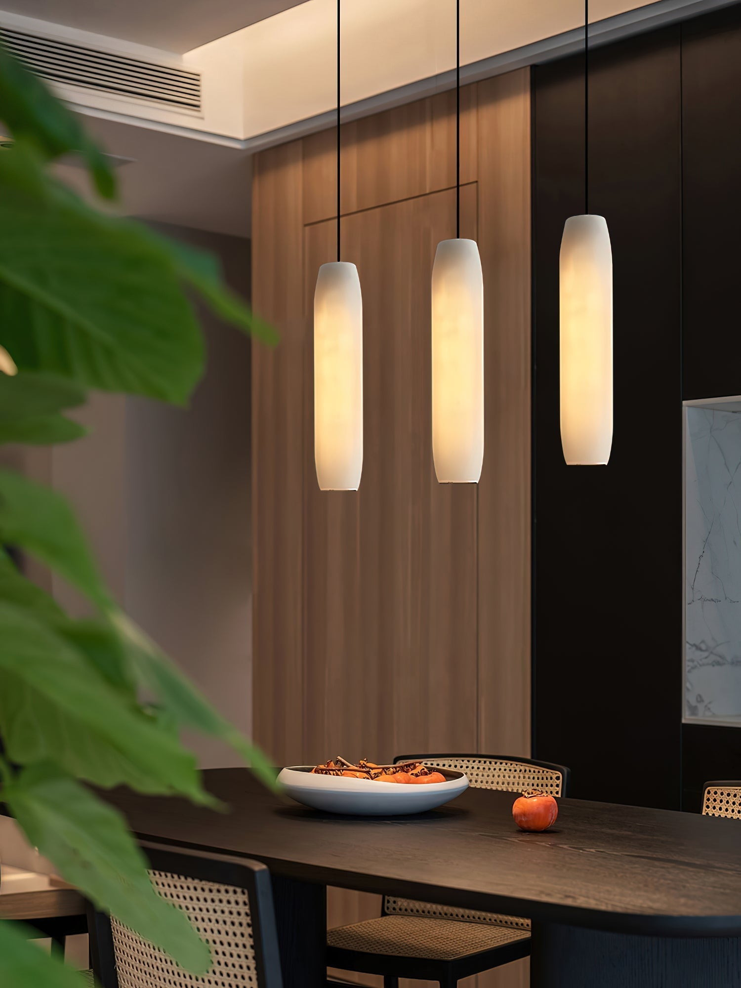 Alabaster Flute Pendant Light Brass Natural Stone E12 Dining Room Bedroom Hallway — 2.8 x 15 Inch
