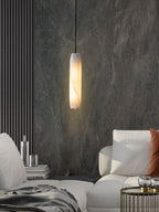 Alabaster Flute Pendant Light Brass Natural Stone E12 Dining Room Bedroom Hallway — 2.8 x 15 Inch