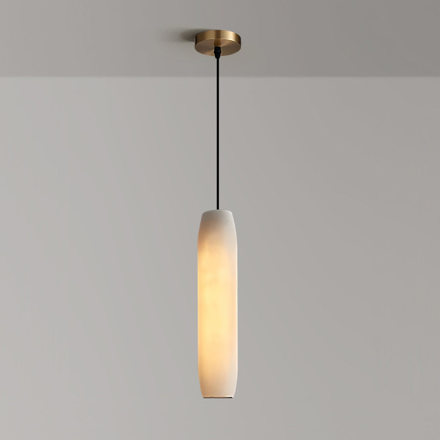 Alabaster Flute Pendant Light Brass Natural Stone E12 Dining Room Bedroom Hallway — 2.8 x 15 Inch