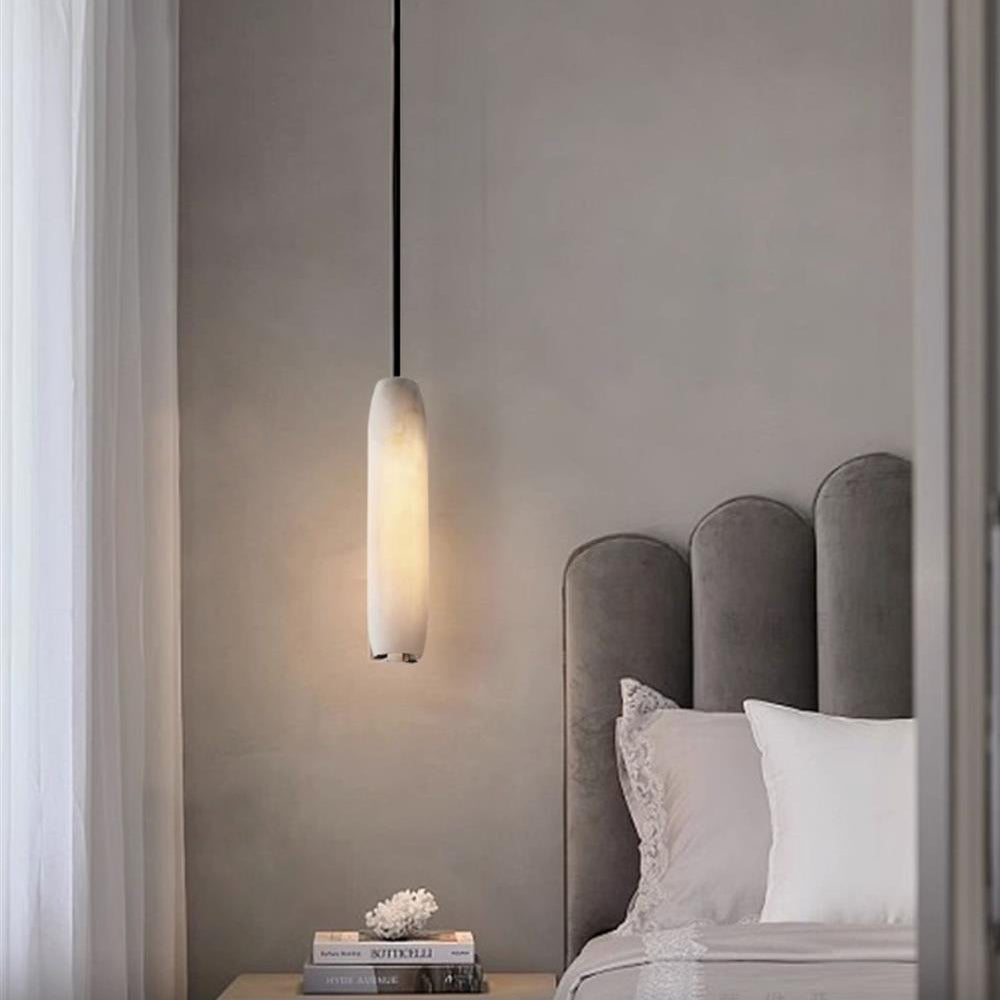 Alabaster Flute Pendant Light Brass Natural Stone E12 Dining Room Bedroom Hallway — 2.8 x 15 Inch