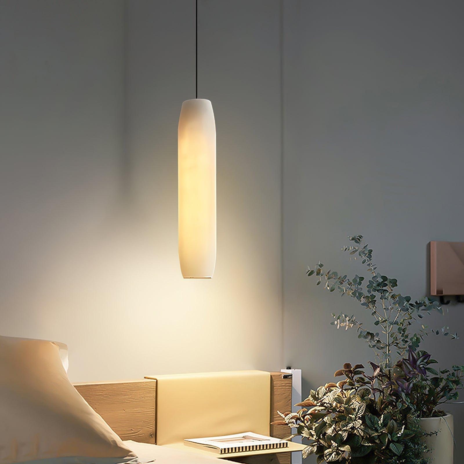Alabaster Flute Pendant Light Brass Natural Stone E12 Dining Room Bedroom Hallway — 2.8 x 15 Inch