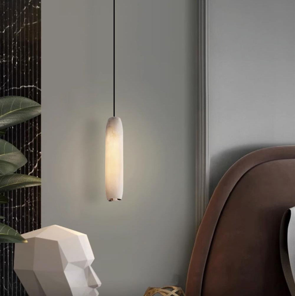 Alabaster Flute Pendant Light Brass Natural Stone E12 Dining Room Bedroom Hallway — 2.8 x 15 Inch
