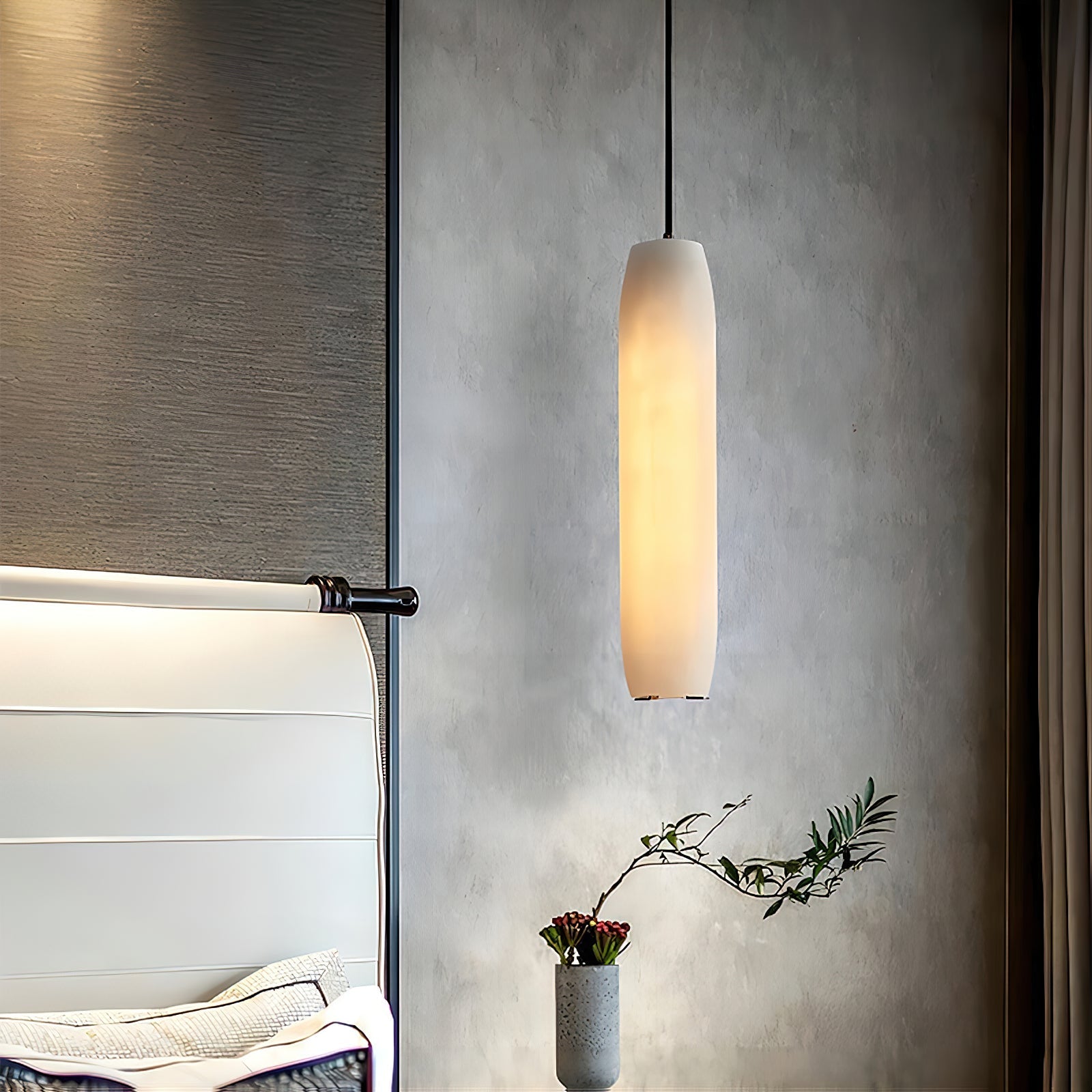Alabaster Flute Pendant Light Brass Natural Stone E12 Dining Room Bedroom Hallway — 2.8 x 15 Inch