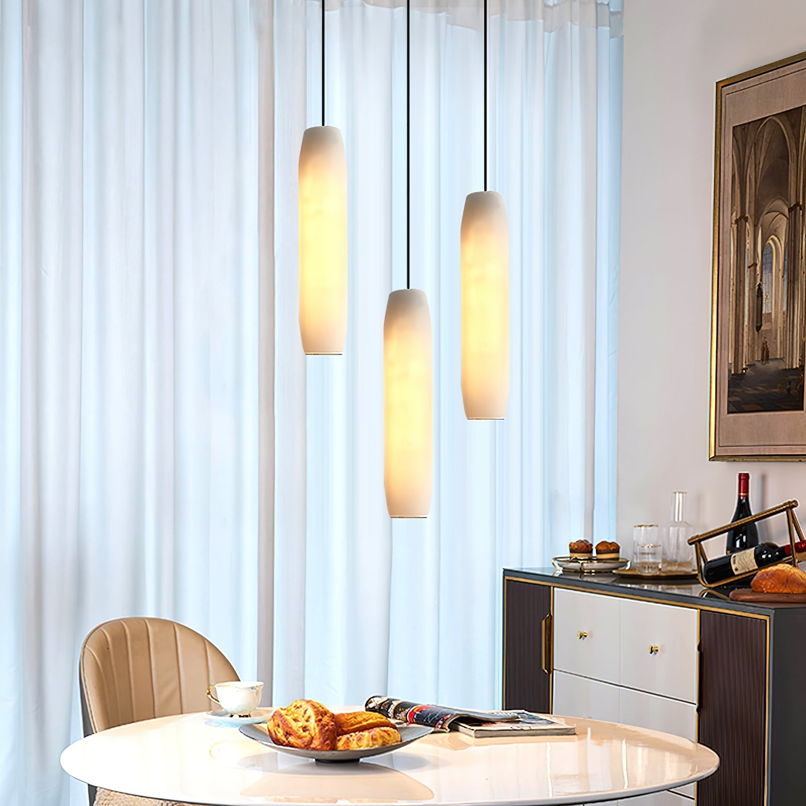 Alabaster Flute Pendant Light Brass Natural Stone E12 Dining Room Bedroom Hallway — 2.8 x 15 Inch