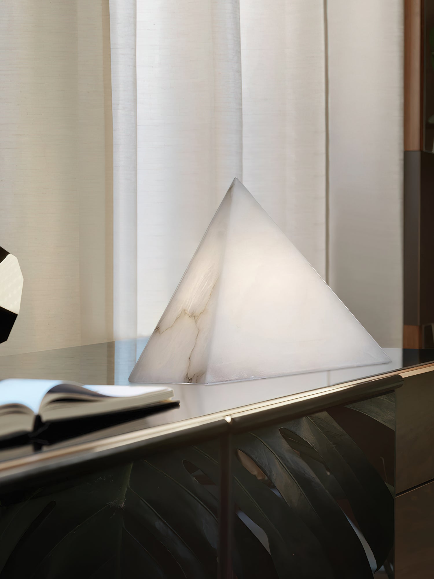 Alabaster Pyramid Table Lamp Natural Stone LED Geometric Bedside Living Room — 3 Finish Options