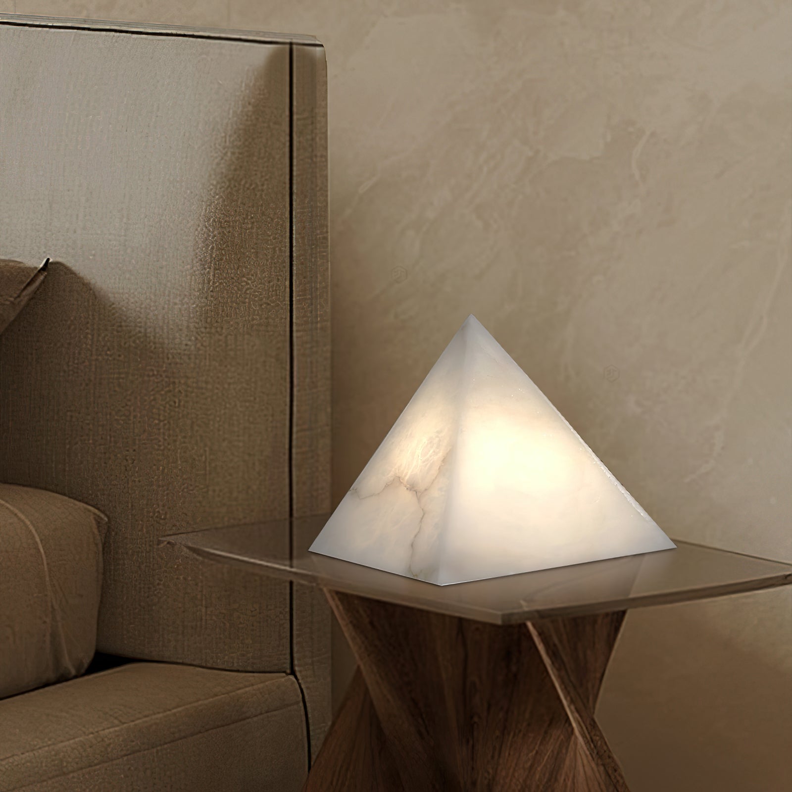 Alabaster Pyramid Table Lamp Natural Stone LED Geometric Bedside Living Room — 3 Finish Options