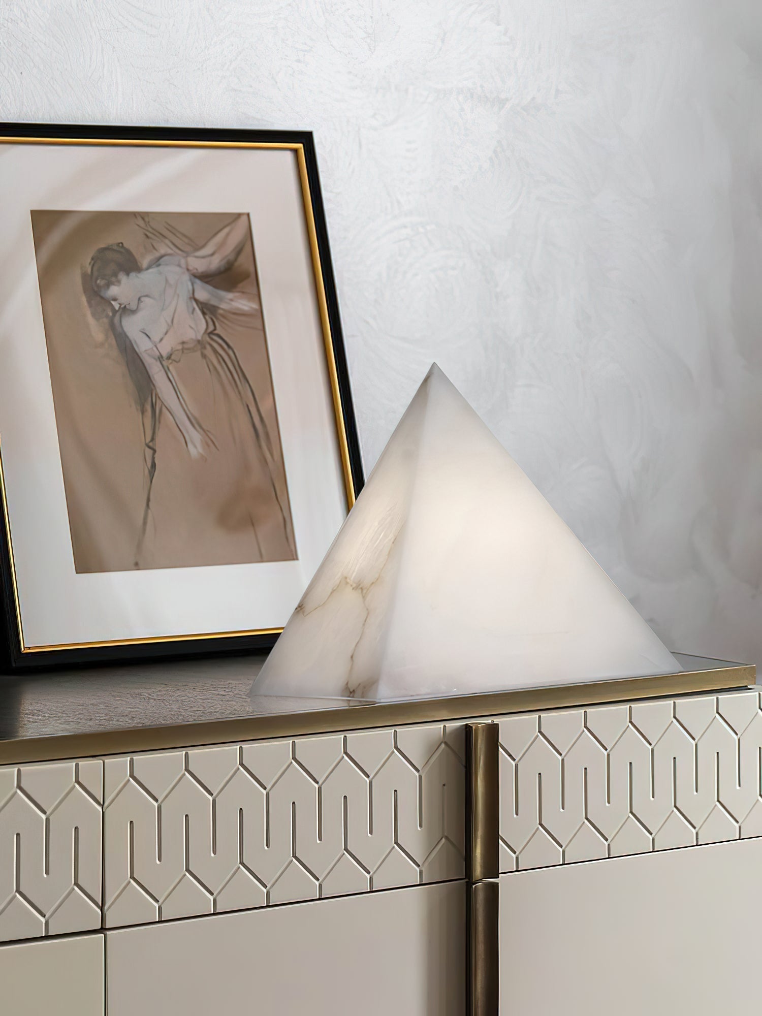 Alabaster Pyramid Table Lamp Natural Stone LED Geometric Bedside Living Room — 3 Finish Options