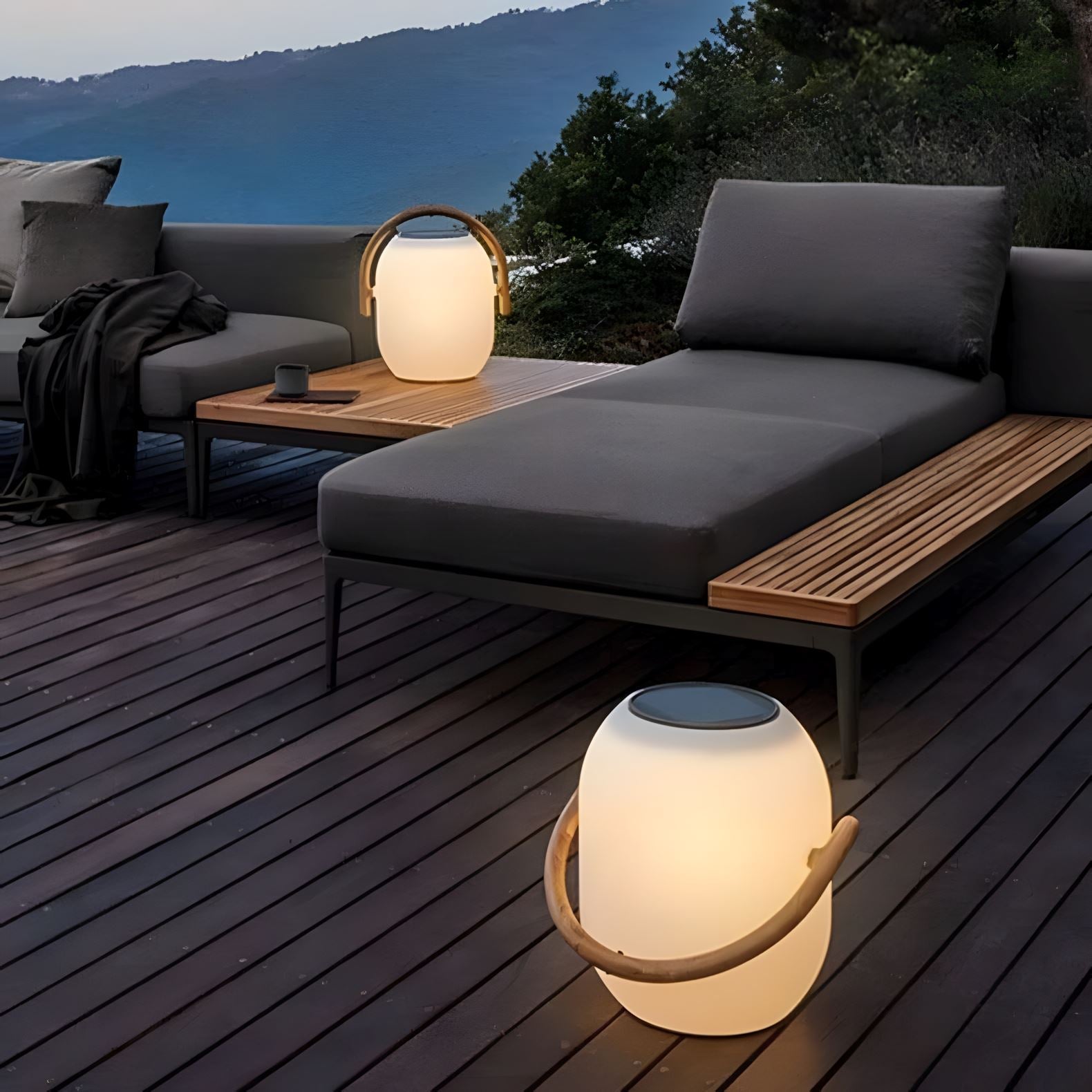 Solar Portable Outdoor Lantern Frosted Globe Warm White Gold Handle — Small Large