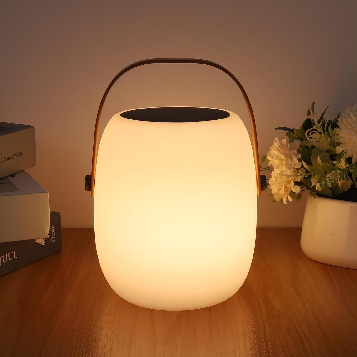 Solar Portable Outdoor Lantern Frosted Globe Warm White Gold Handle — Small Large