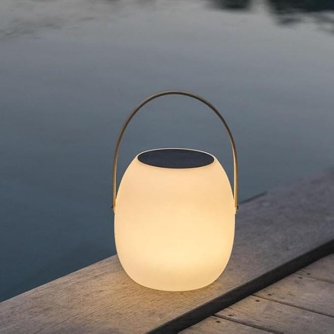 Solar portable outdoor lantern frosted globe warm white gold handle — small large