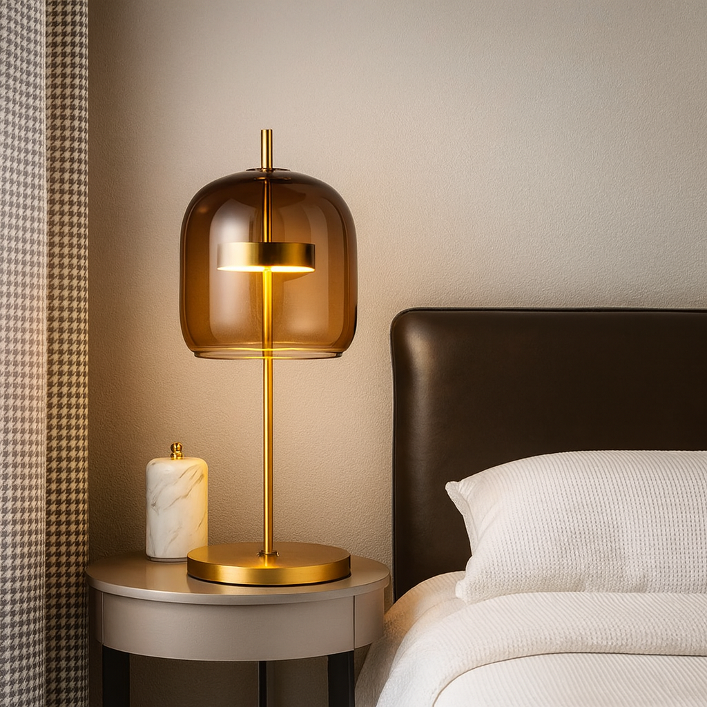 Stained Glass Table Lamp Gold Iron Base Dimmable Bedside Dining Room — Smoke Grey Amber Transparent
