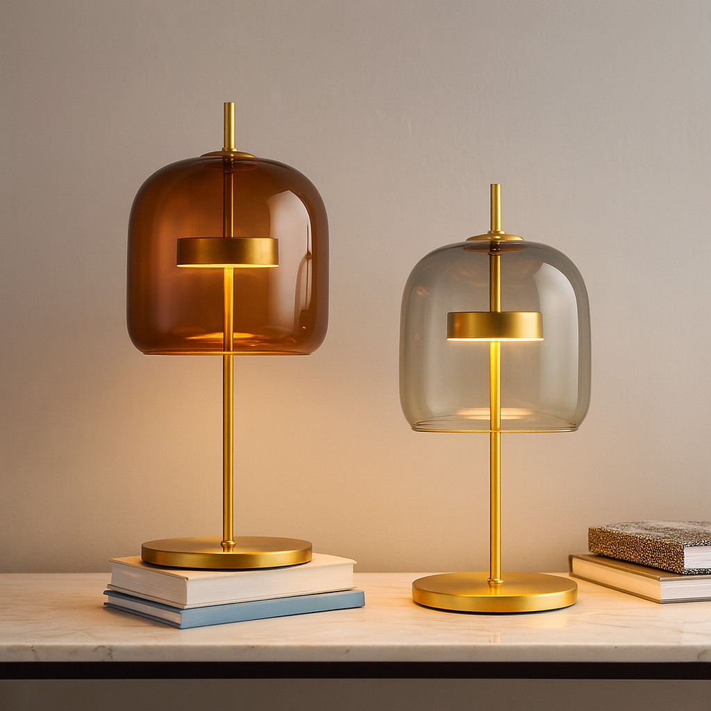 Stained Glass Table Lamp Gold Iron Base Dimmable Bedside Dining Room — Smoke Grey Amber Transparent