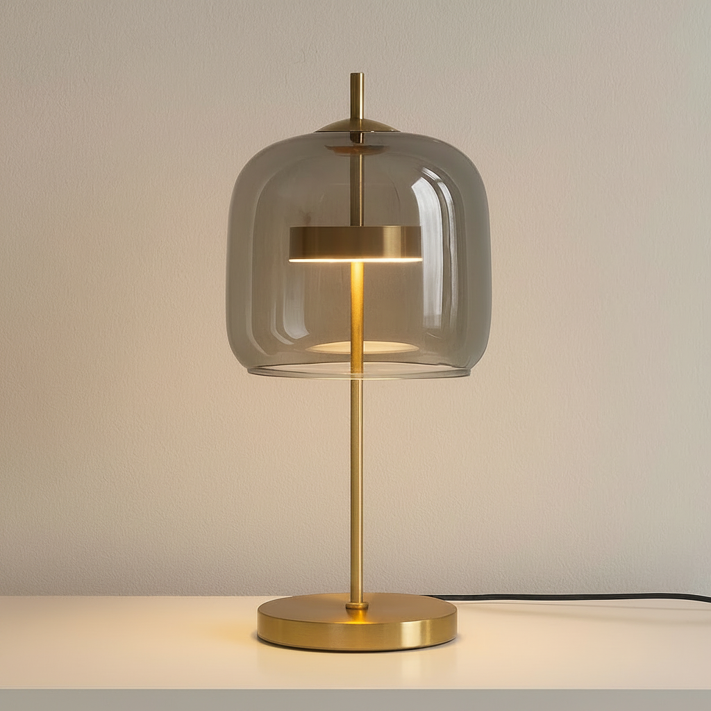 Stained glass table lamp gold iron base dimmable bedside dining room — smoke grey amber transparent