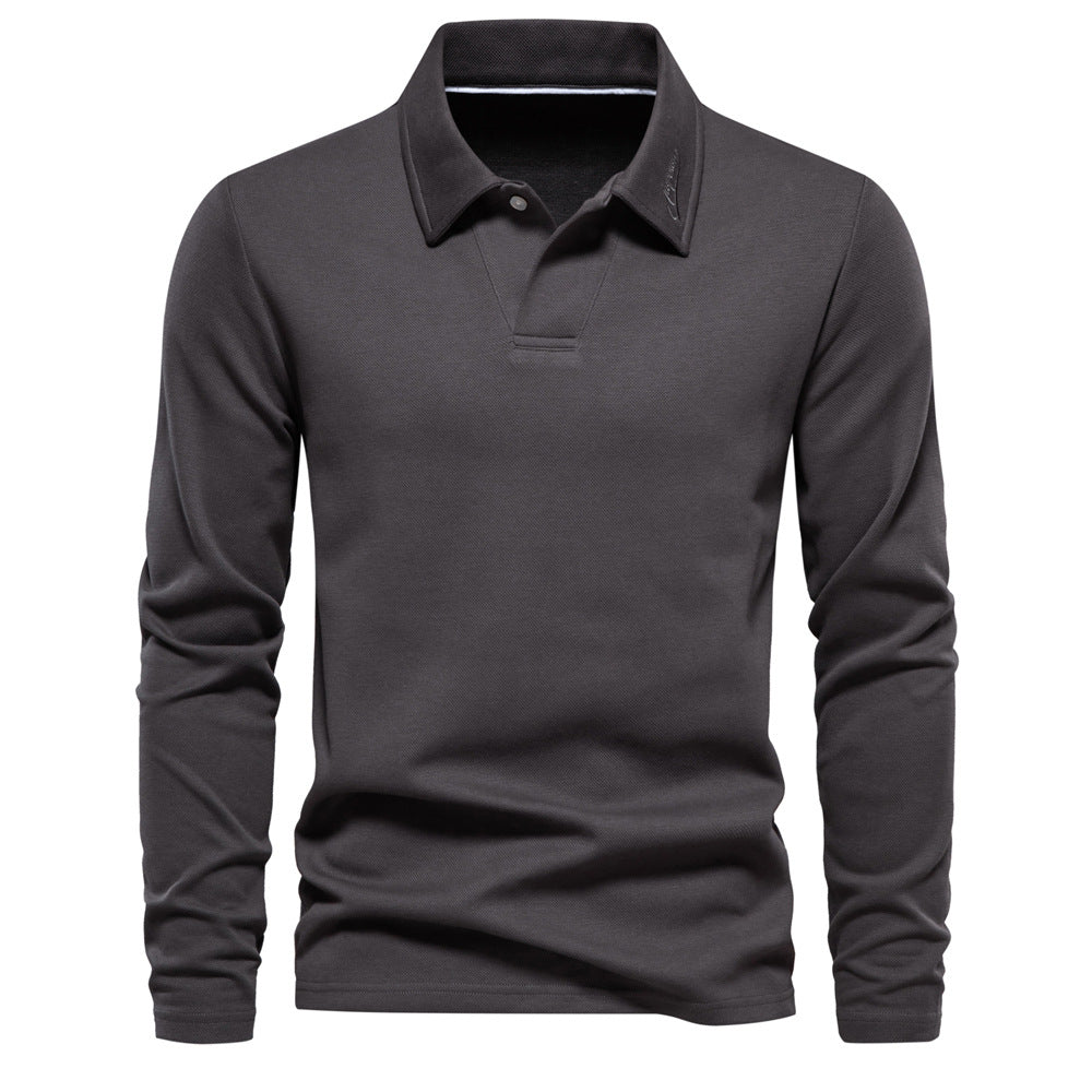 Men's Long Sleeve Polo Shirt - Solid Color Lapel Collar Top