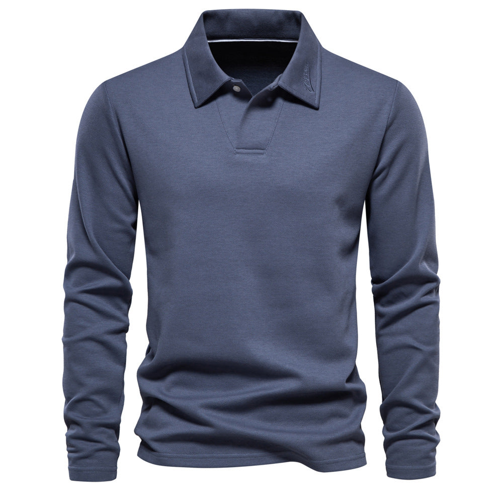 Men's Long Sleeve Polo Shirt - Solid Color Lapel Collar Top