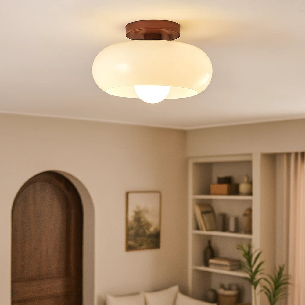 Flush Mount Ceiling Light, Cream Glass Shade, Modern Warm LED, Bedroom