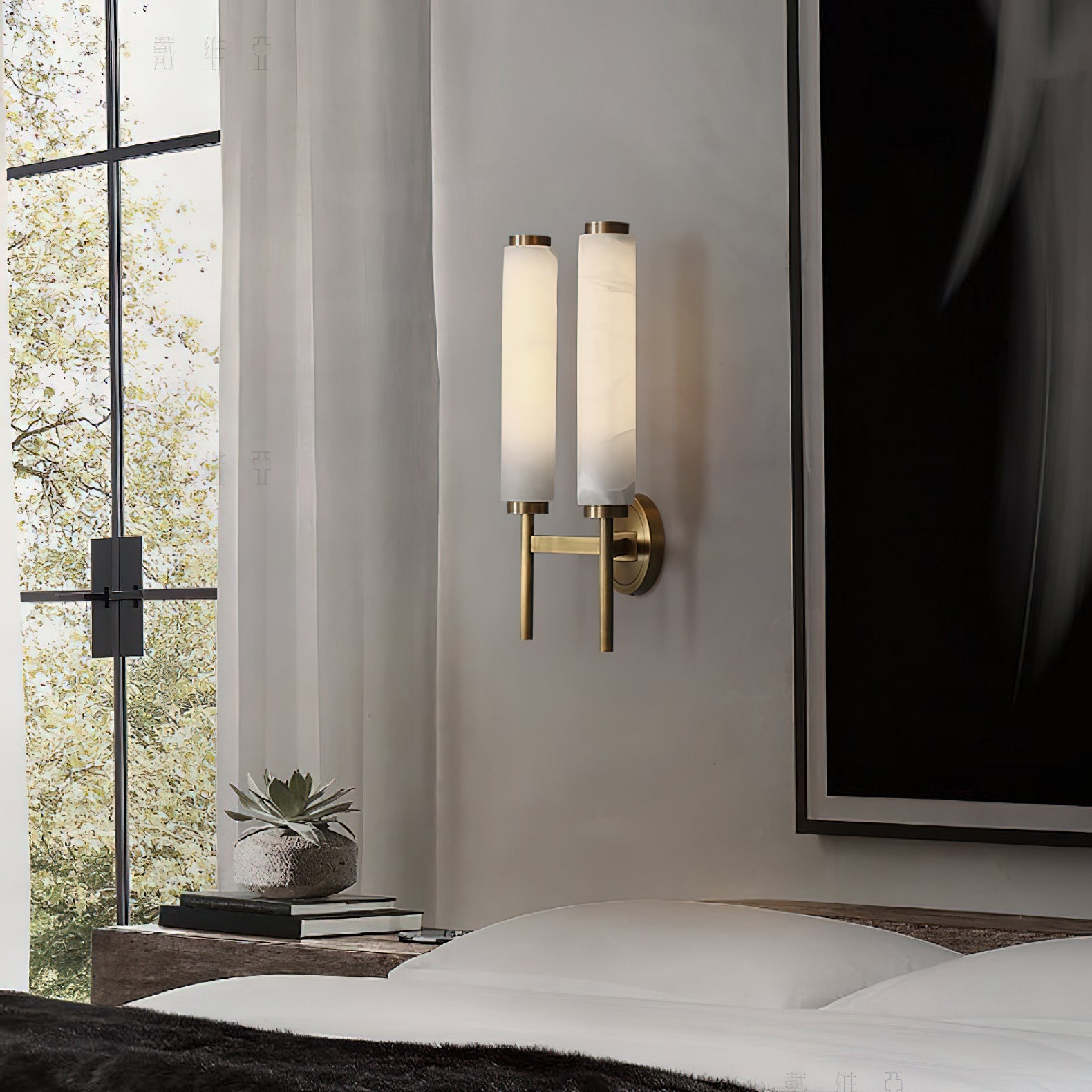 Brindisi Alabaster Wall Lamp Brass Black Dimmable Bedroom Living Room — 1 to 2 Heads