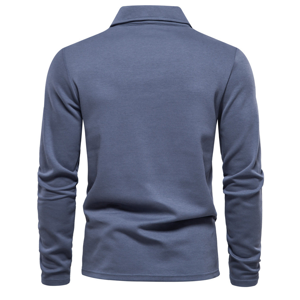 Men's Long Sleeve Polo Shirt - Solid Color Lapel Collar Top