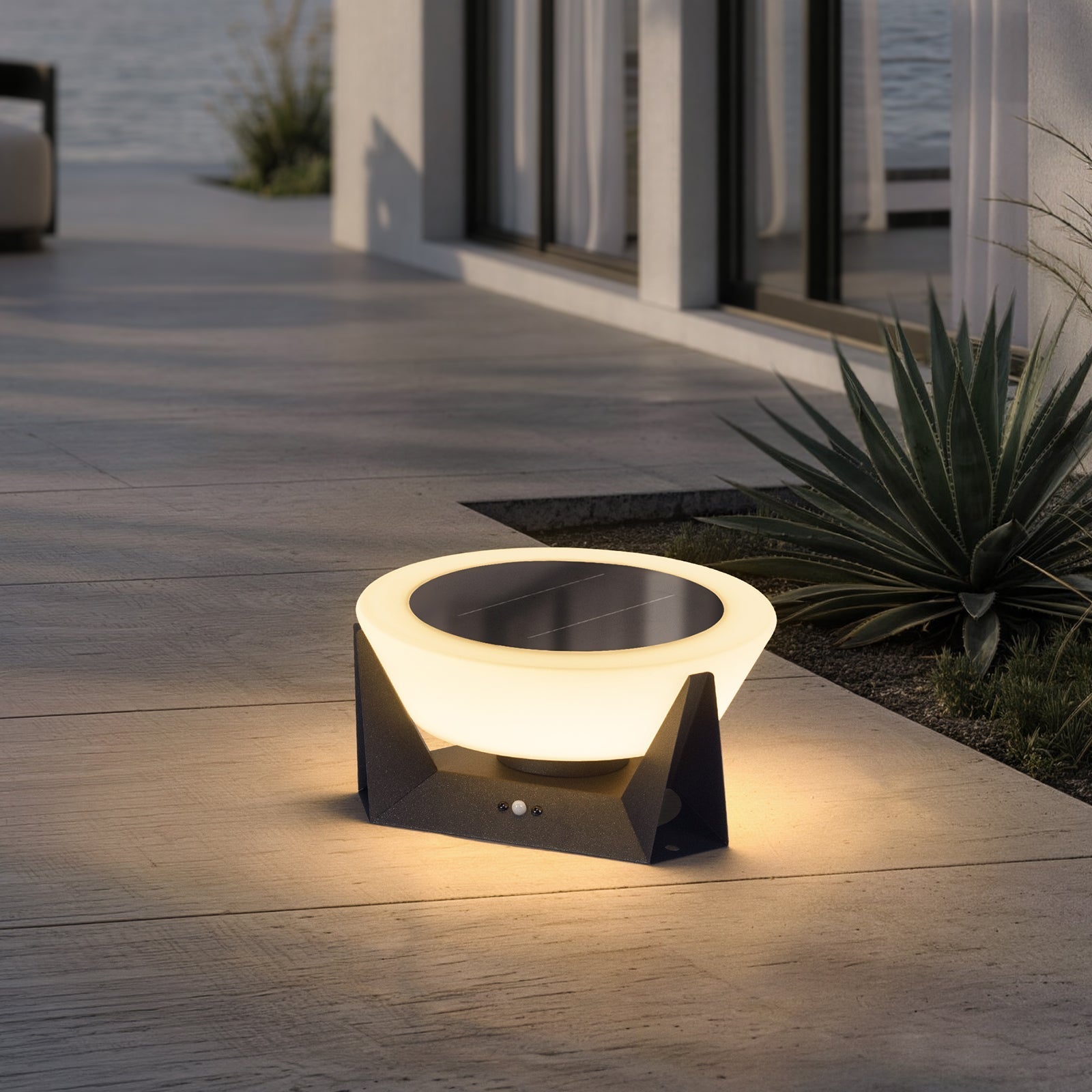RIRZ HALO solar outdoor floor lamp warm white LED patio garden poolside — 18cm 28cm 38cm