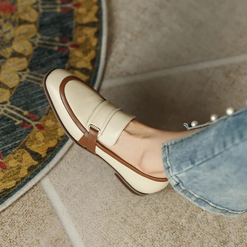 Spring Genuine Leather Women's Loafers - Retro Mixed Color Design