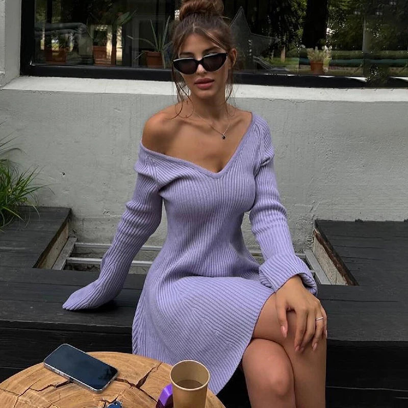 Women's Off-Shoulder Sweater Dress | Ribbed Knit High Waist A-Line Mini