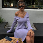 Women's Off-Shoulder Sweater Dress | Ribbed Knit High Waist A-Line Mini