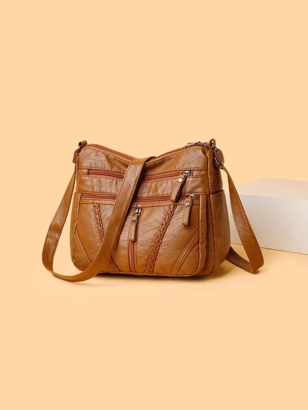 Braided Detail PU Leather Crossbody Bag – Women’s Medium Multi-Zip Shoulder Purse