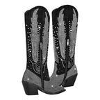 Women's Rhinestone Knee High Cowboy Boots - Black Glitter Western Boots Block Heel