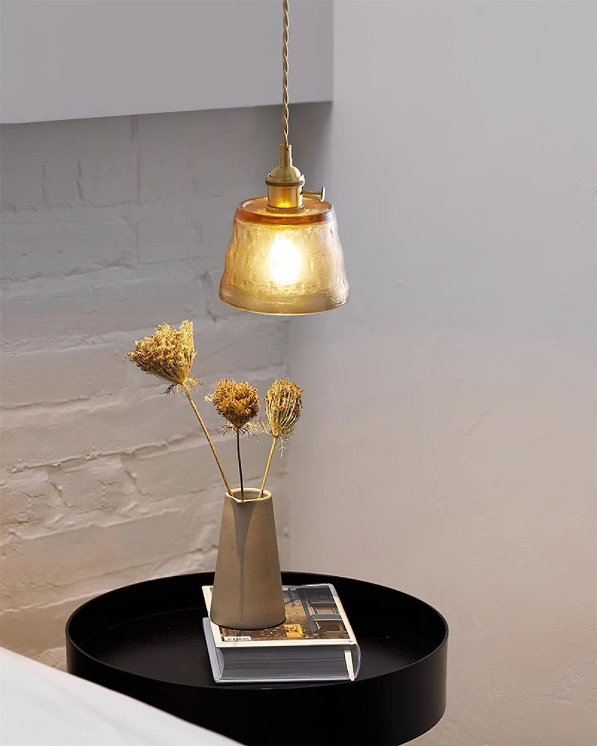 Pendant Lamp Brass and Glass Textured Shade Artisan Vintage Accent