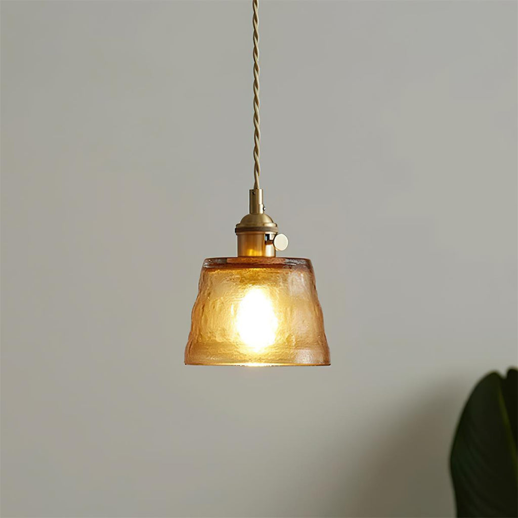 Pendant Lamp Brass and Glass Textured Shade Artisan Vintage Accent