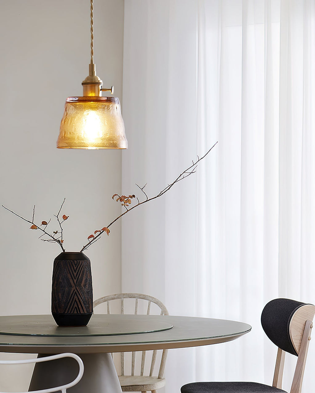Pendant Lamp Brass and Glass Textured Shade Artisan Vintage Accent
