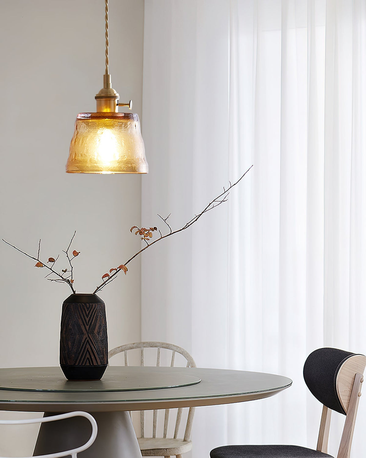Pendant Lamp Brass and Glass Textured Shade Artisan Vintage Accent