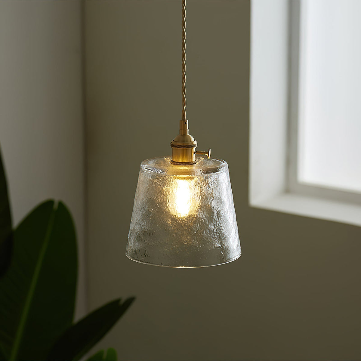 Pendant Lamp Brass and Glass Textured Shade Artisan Vintage Accent
