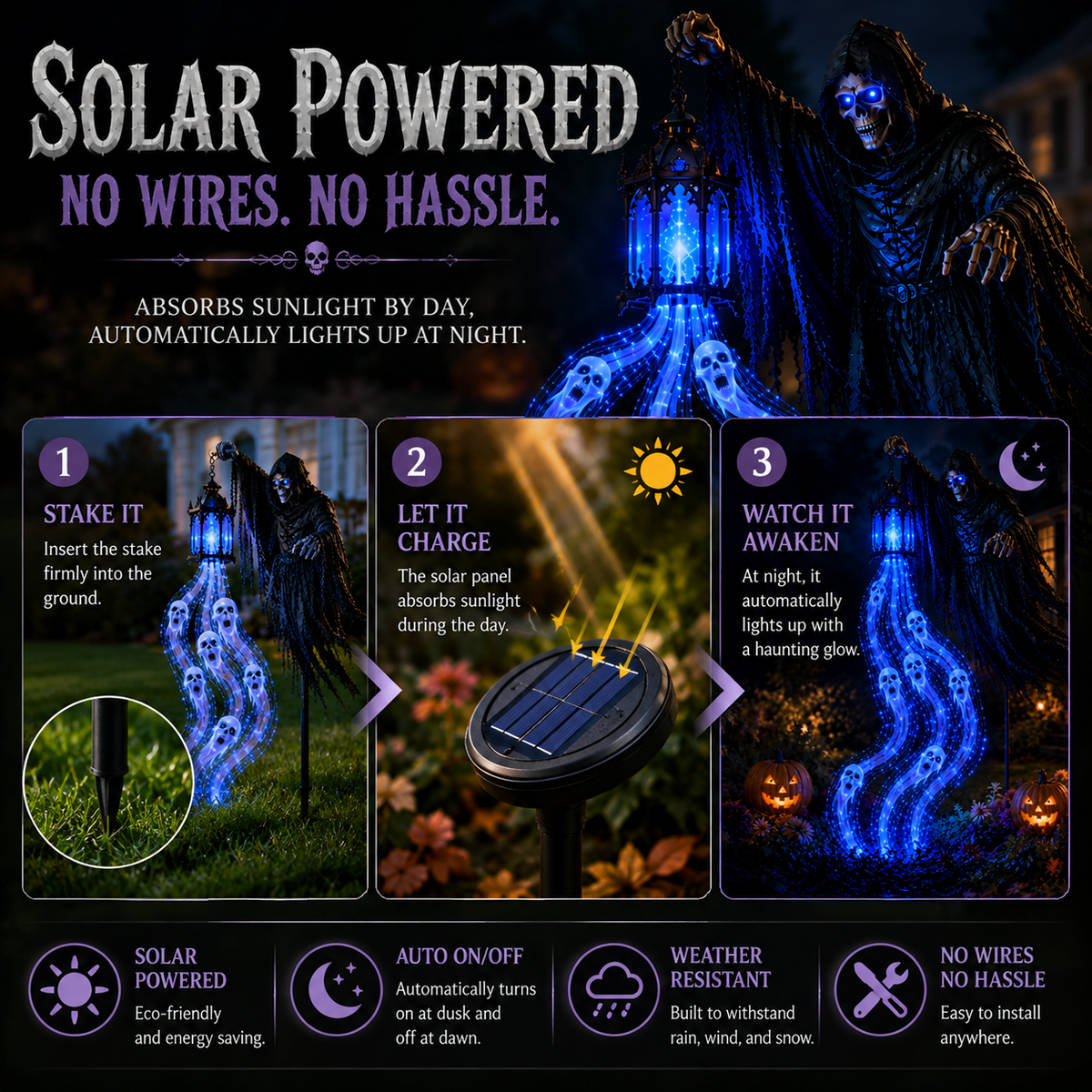 Solar Halloween Outdoor Decoration, Glowing Soul Light Yard Stake, 6 Characters