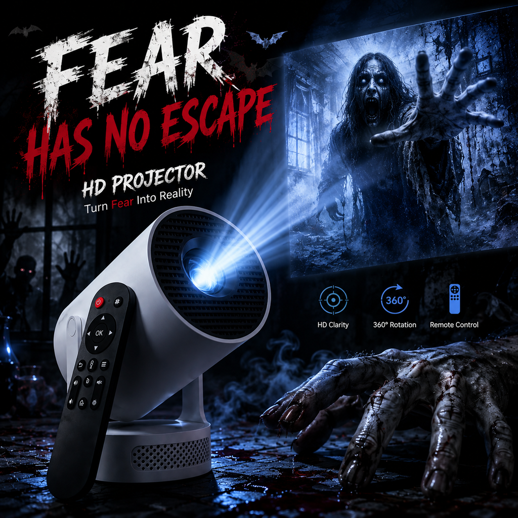 Halloween smart projector on an adjustable swivel base projecting a ghostly scene