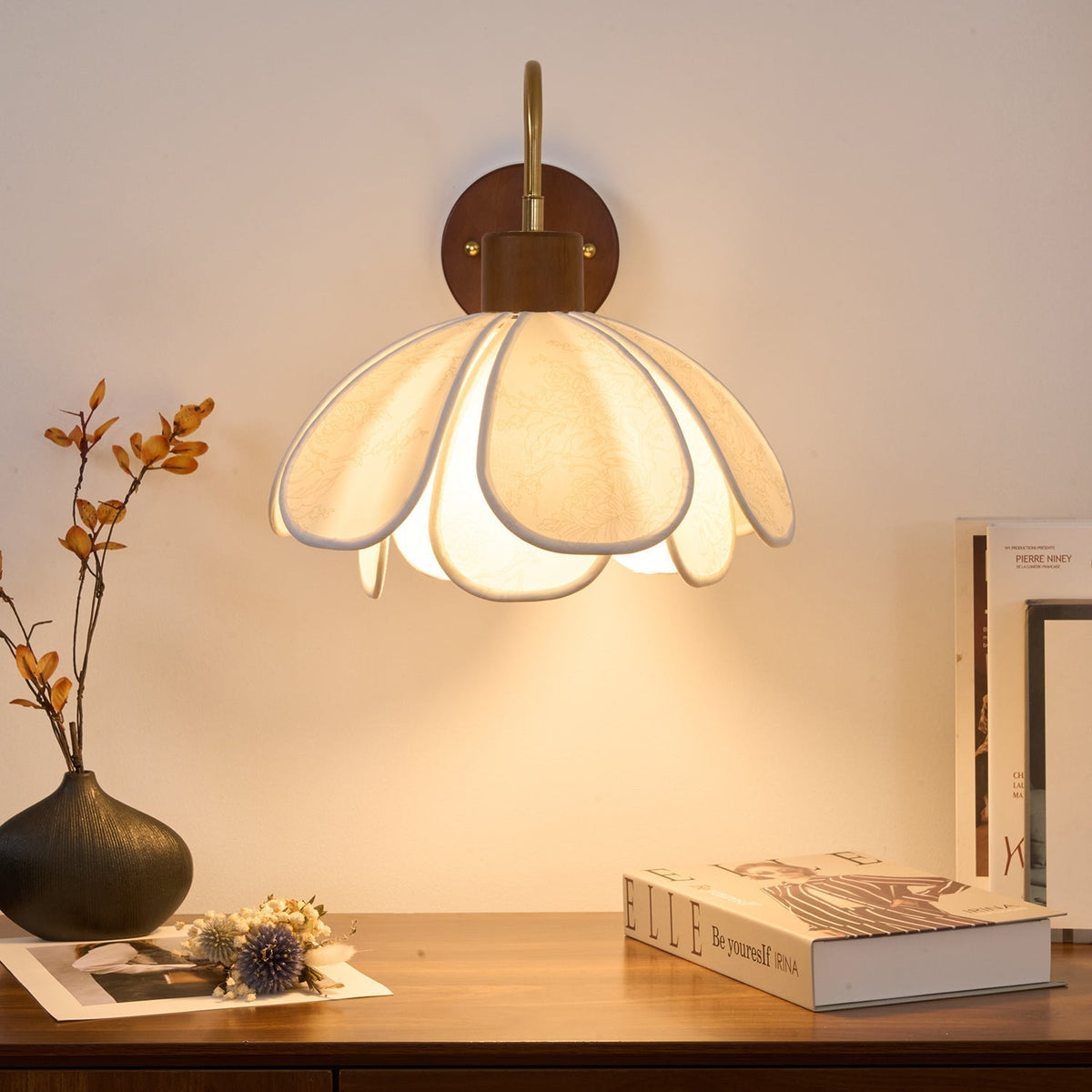 Yuki Floral Wood and Fabric Wall Lamp