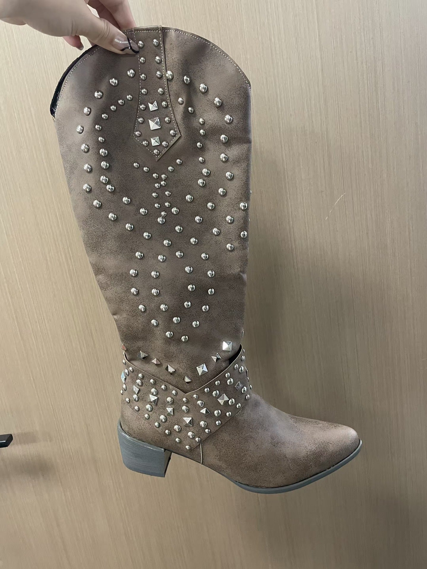 Women's Studded Knee High Boots - Mid Chunky Heel Tall Boots