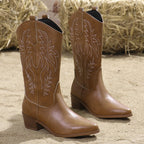 Women's Embroidered Ankle Boots - Chunky Heel Tribal Pattern Round Toe Martin Boots