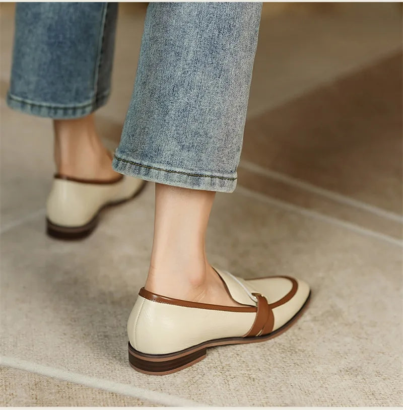 Spring Genuine Leather Women's Loafers - Retro Mixed Color Design